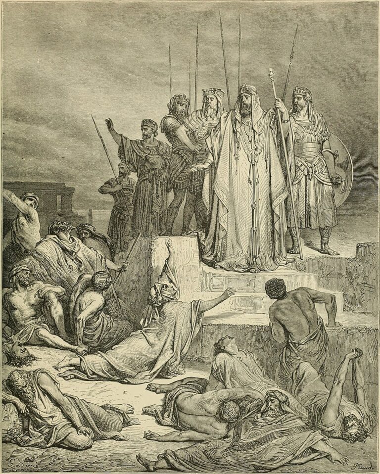 Gravura de Gustave Doré retratando a fome em Samaria, cenário do relato dos quatro leprosos em 2 Reis 7