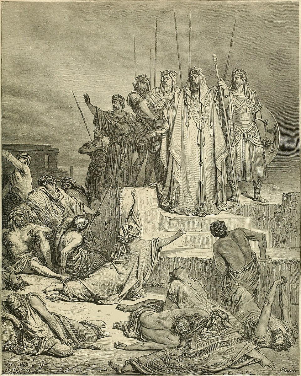 Gravura de Gustave Doré retratando a fome em Samaria, cenário do relato dos quatro leprosos em 2 Reis 7
