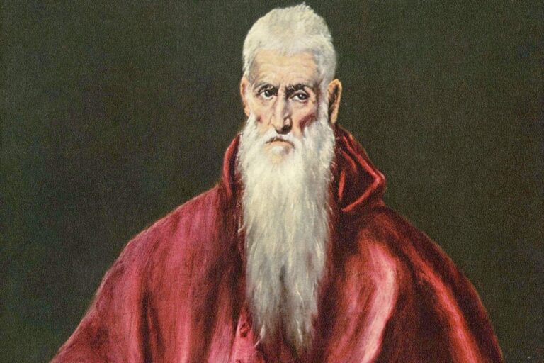 São Jerônimo, de longa barba branca e manto vermelho de cardeal, com a mão sobre um livro aberto.