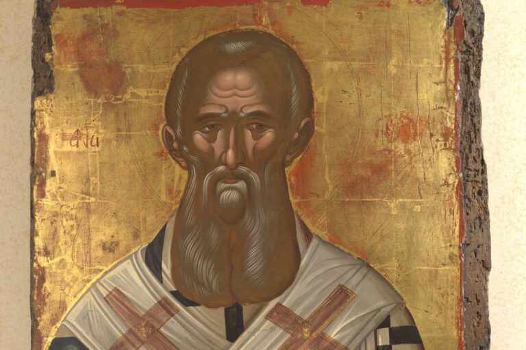 A Cretan icon of Saint Athanasius of Alexandria with a long dark beard and a checkered omophorion, holding a red book.