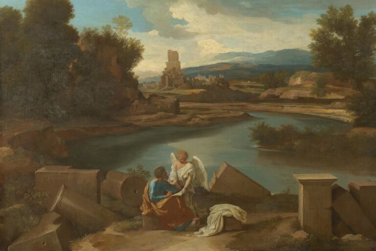 São Mateus escreve o Evangelho junto ao anjo, entre ruínas romanas, pintura de Poussin