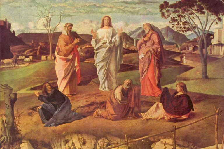 Cristo transfigurado entre Moisés e Elias, com Pedro, Tiago e João, pintura de Bellini