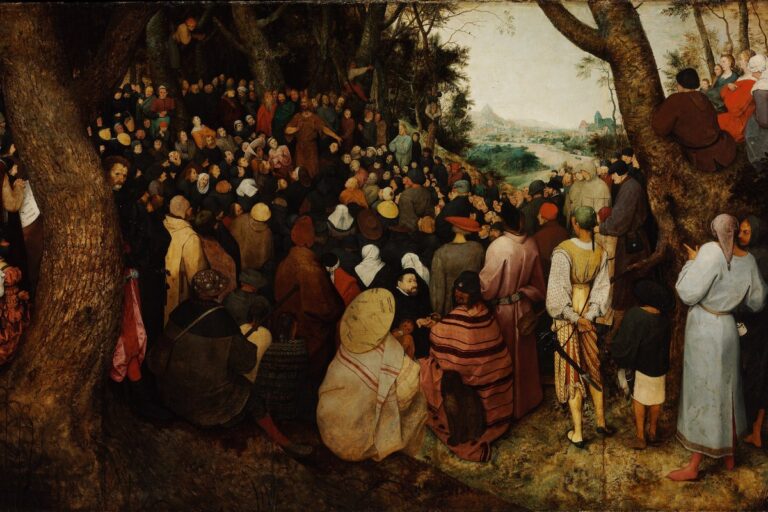 Multidão reunida no bosque ouvindo a pregação de João Batista, pintura de Bruegel