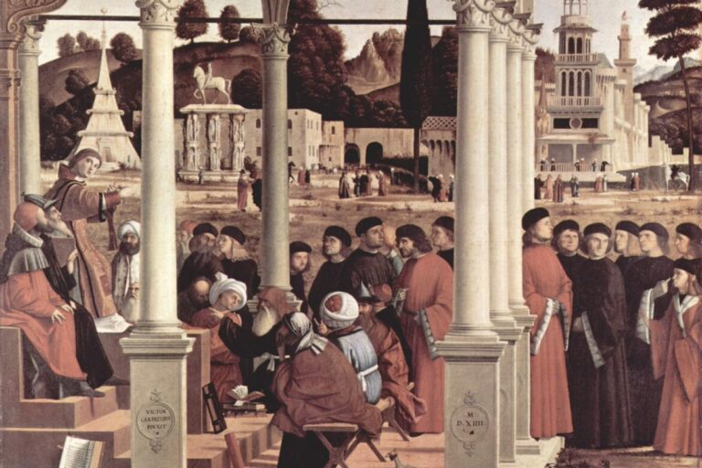 Santo Estêvão argumenta diante dos doutores sob um pórtico, pintura de Carpaccio