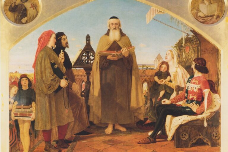 John Wycliffe lê a Bíblia traduzida diante da corte, pintura de Ford Madox Brown