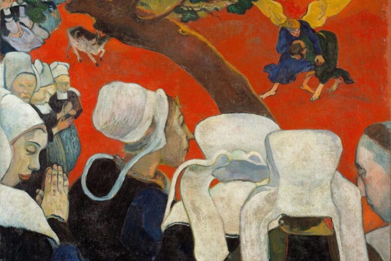 Mulheres bretãs de touca branca contemplam, sobre um campo vermelho, a luta de Jacó com o anjo que acabaram de ouvir no sermão.