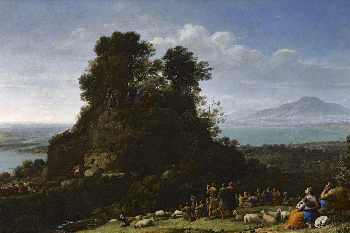 Christ preaching on a wooded mount above a wide landscape, painting by Claude Lorrain