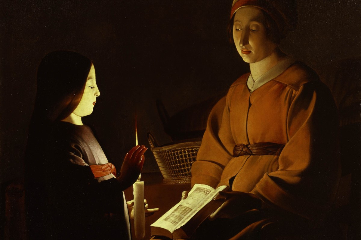 The young Virgin reads by candlelight beside Saint Anne