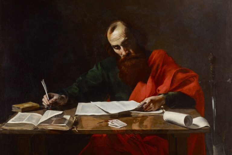 Saint Paul writing at a table covered with letters, painting by Valentin de Boulogne