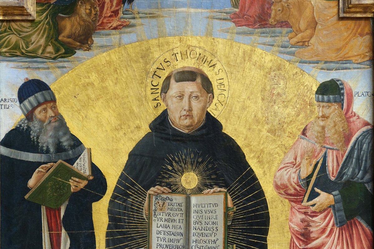 Thomas Aquinas enthroned with an open book, between Aristotle and Plato.