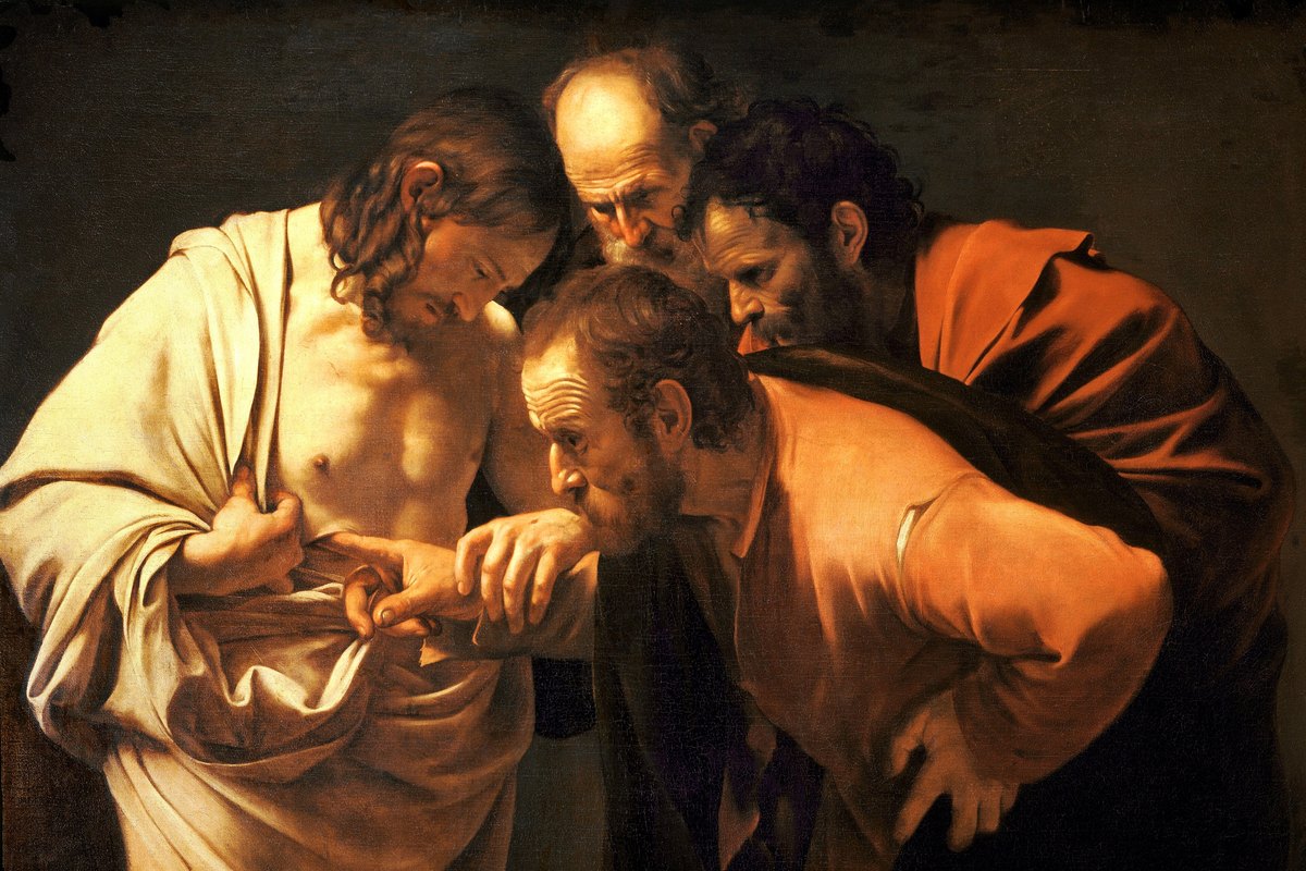 Thomas leans in to touch the wound in the side of the risen Christ while two apostles watch.