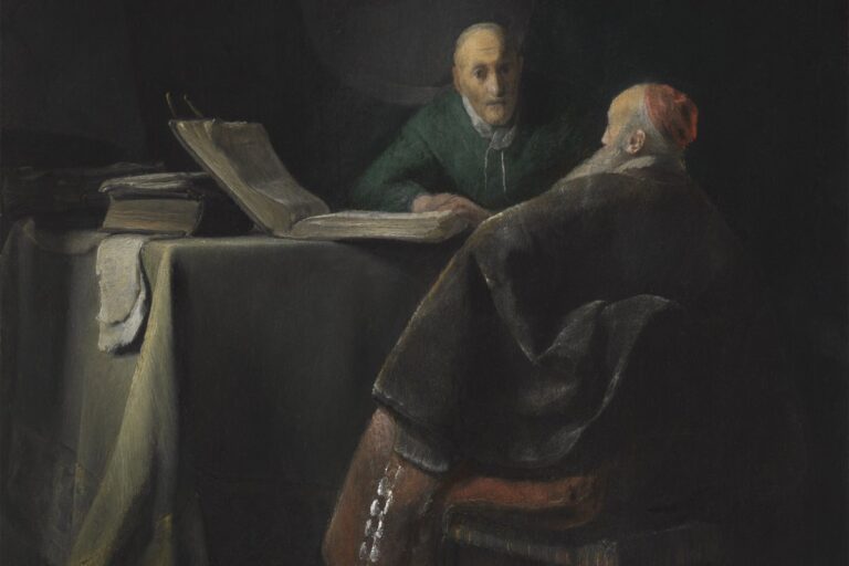 Two elderly men in a dim room argue over an open book, traditionally identified as Peter and Paul.
