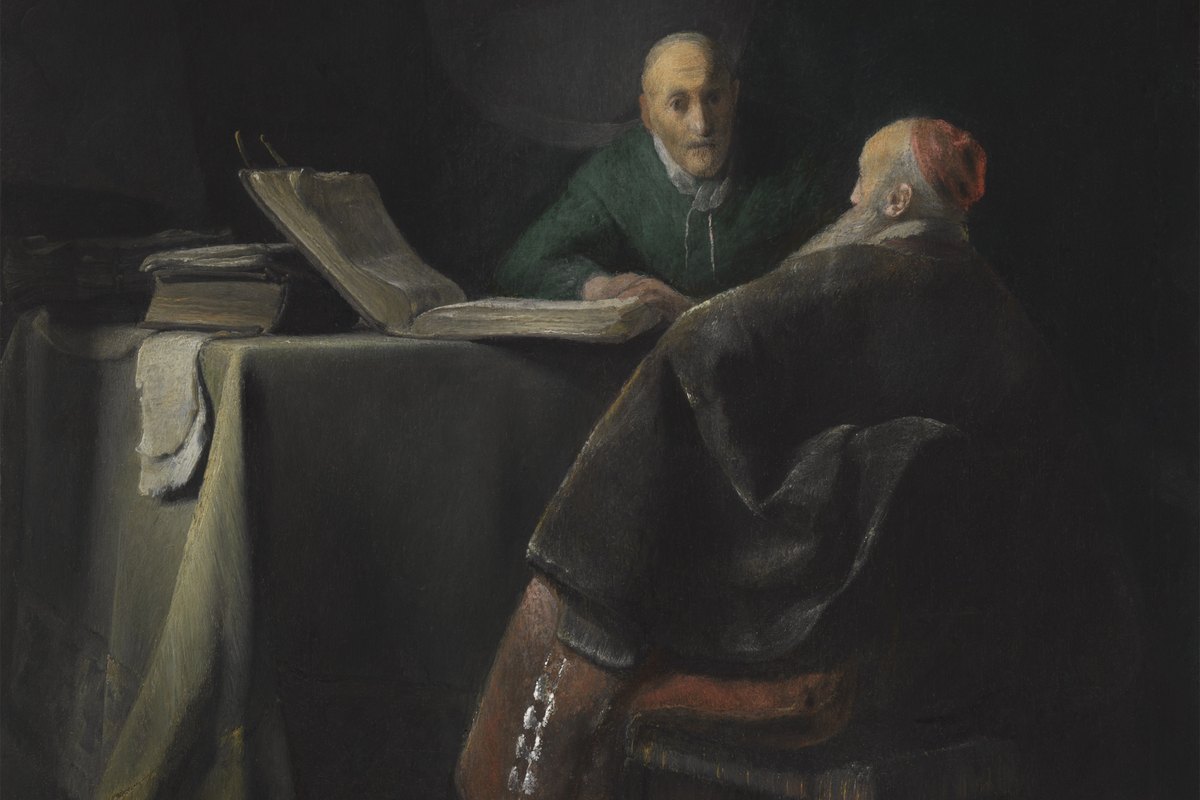 Two elderly men in a dim room argue over an open book, traditionally identified as Peter and Paul.