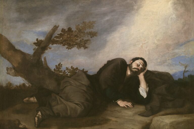 Jacob asleep on the ground under a luminous sky, painting by Ribera