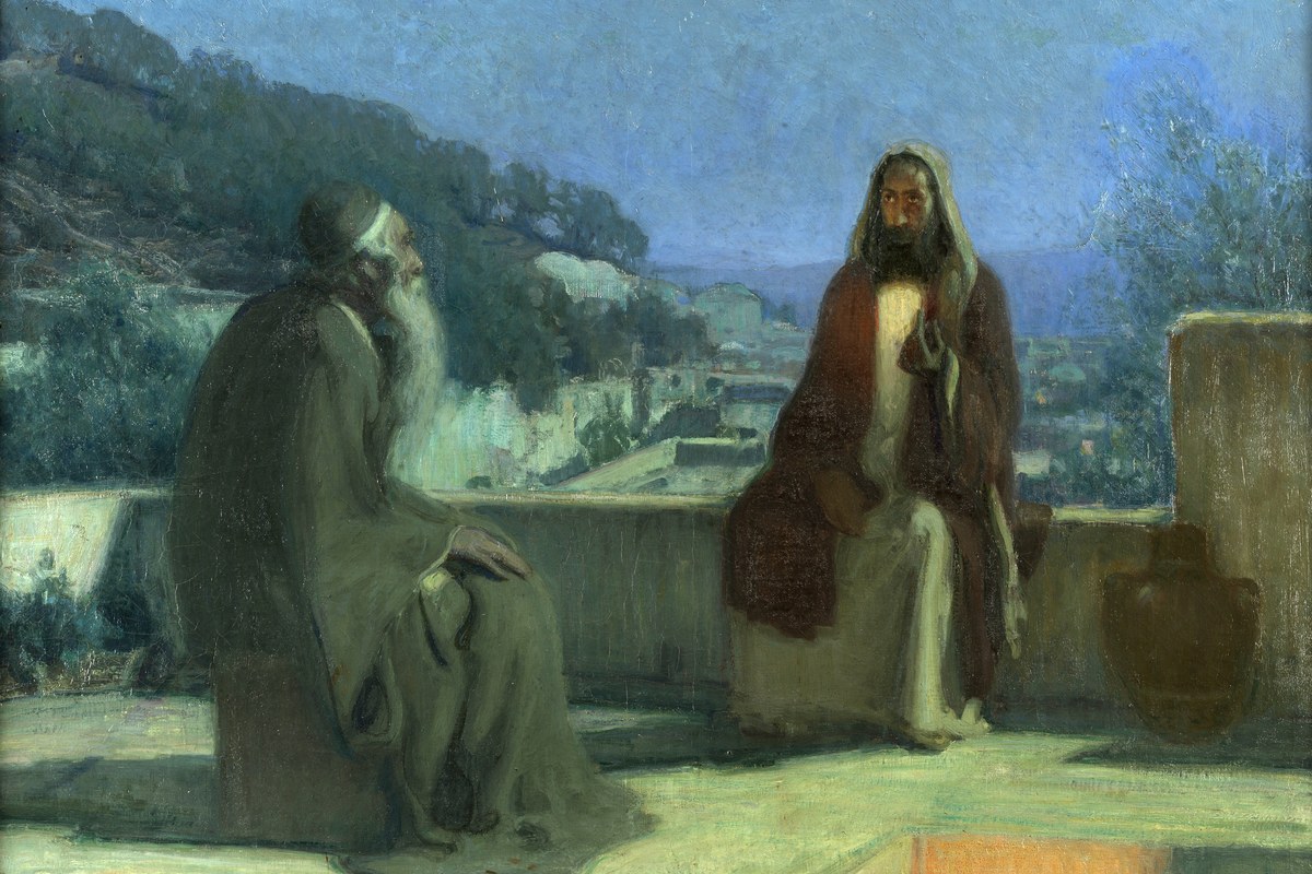Nicodemos conversa com Jesus num terraço, pintura de Henry Ossawa Tanner